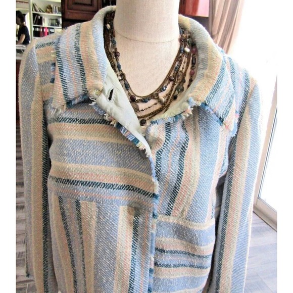 Chanel Blue & Beige Striped Wool Blend Jacket Coat Size 42, Medium - Picture 3 of 12